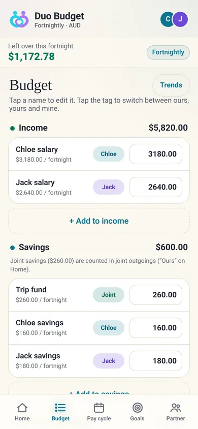 Budget screen with income and savings split into ours, yours and mine